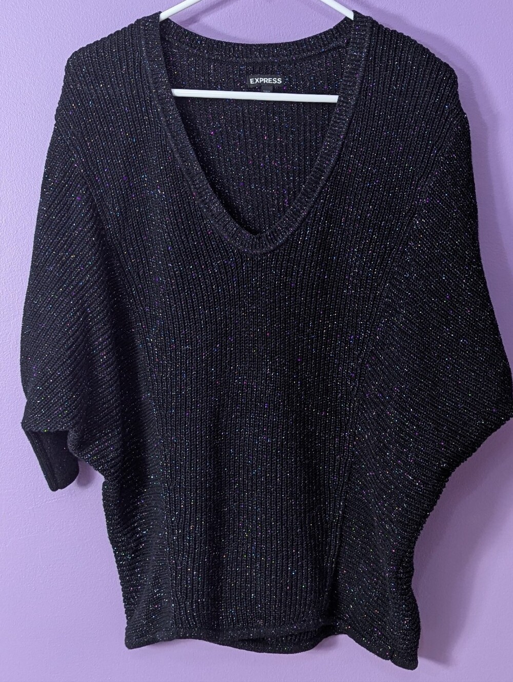 Express Women's Small Black Sparkly V-Neck Dolman Sleeve Sweater
